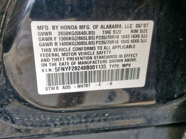 5FNYF28248B001135 - 2008 HONDA PILOT VP BLACK photo 10