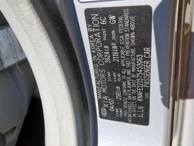 KNAFE121575453063 - 2007 KIA SPECTRA EX SILVER photo 10