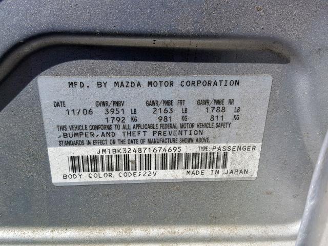 JM1BK324871674695 - 2007 MAZDA 3 S SILVER photo 10