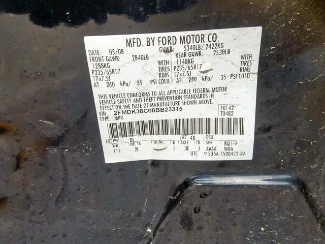 2FMDK38C08BB23315 - 2008 FORD EDGE SEL BLUE photo 10