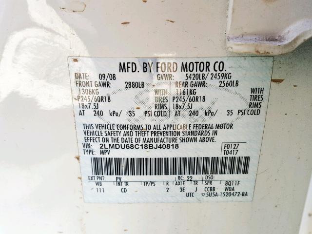 2LMDU68C18BJ40818 - 2008 LINCOLN MKX WHITE photo 10