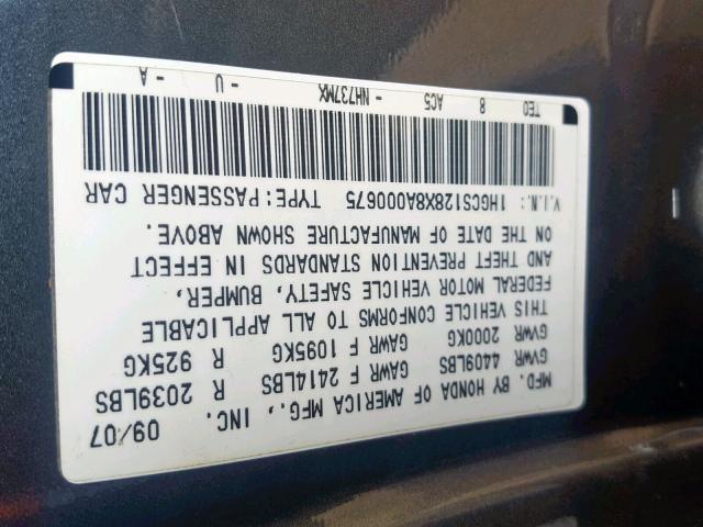 1HGCS128X8A000675 - 2008 HONDA ACCORD EXL GRAY photo 10