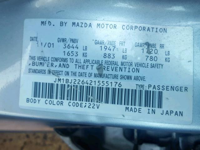 JM1BJ226421555176 - 2002 MAZDA PROTEGE DX SILVER photo 10