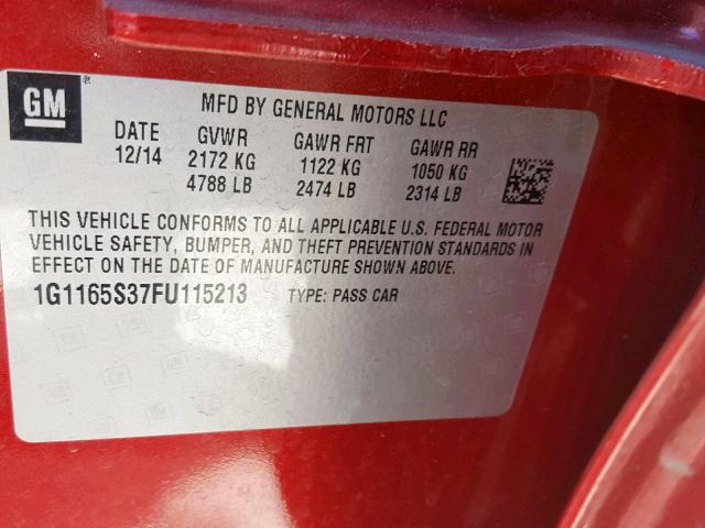 1G1165S37FU115213 - 2015 CHEVROLET IMPALA LTZ RED photo 10