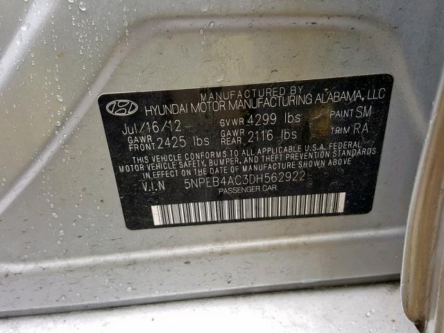 5NPEB4AC3DH562922 - 2013 HYUNDAI SONATA GLS SILVER photo 10