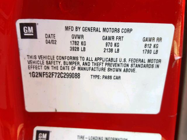 1G2NF52F72C299088 - 2002 PONTIAC GRAND AM S RED photo 10