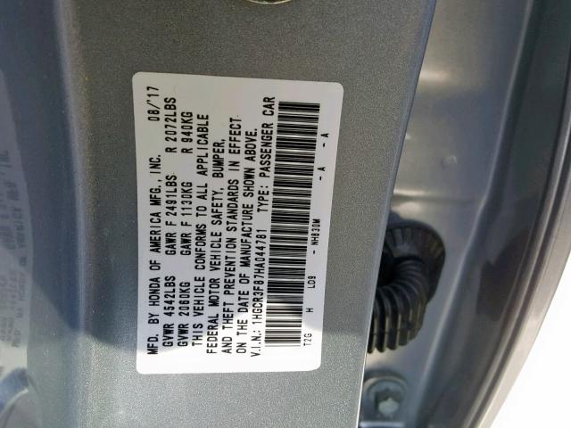 1HGCR3F87HA044781 - 2017 HONDA ACCORD EXL SILVER photo 10