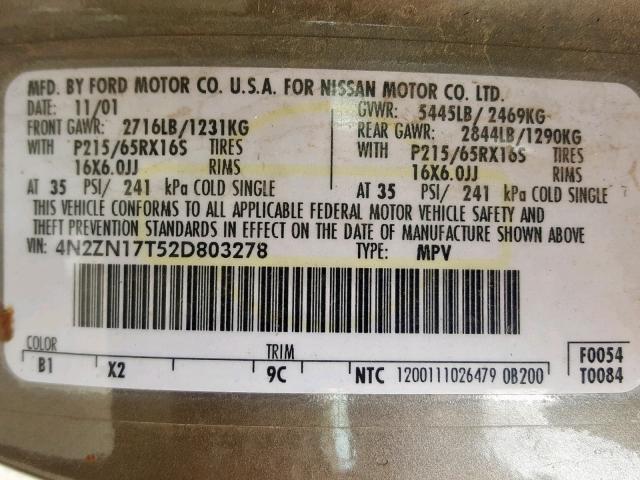 4N2ZN17T52D803278 - 2002 NISSAN QUEST GLE GOLD photo 10
