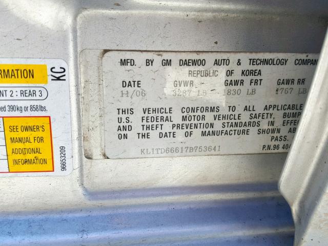 KL1TD66617B753641 - 2007 CHEVROLET AVEO BASE Gümüş foto 10