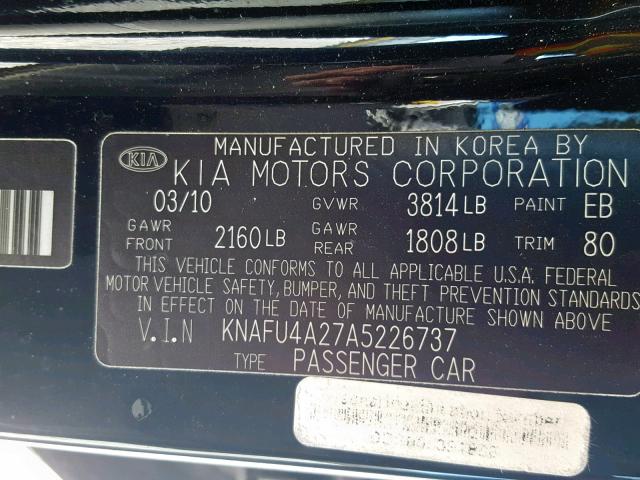 KNAFU4A27A5226737 - 2010 KIA FORTE EX BLACK photo 10