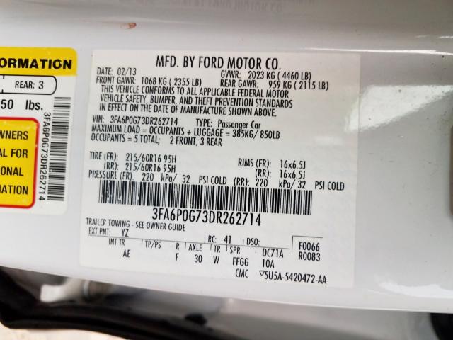 3FA6P0G73DR262714 - 2013 FORD FUSION S  photo 10