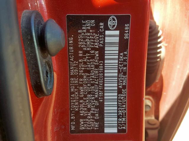 4T1BF1FK6CU618843 - 2012 TOYOTA CAMRY BASE RED photo 10