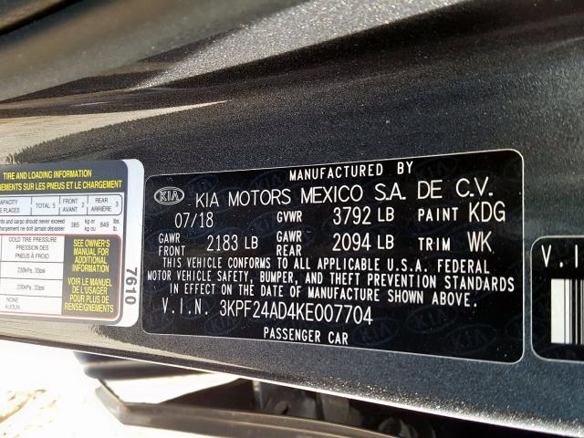 3KPF24AD4KE007704 - 2019 KIA FORTE FE  photo 10