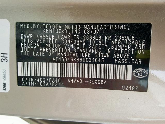 4T1BB46K88U031645 - 2008 TOYOTA CAMRY HYBR GOLD photo 10