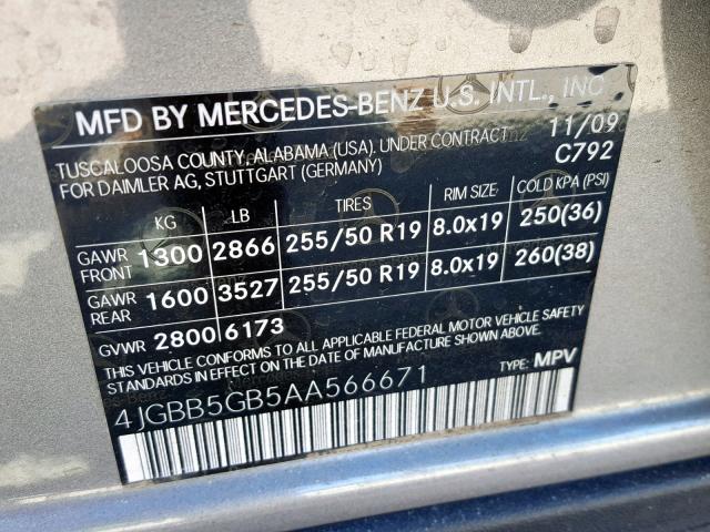 4JGBB5GB5AA566671 - 2010 MERCEDES-BENZ ML 350 SILVER photo 10