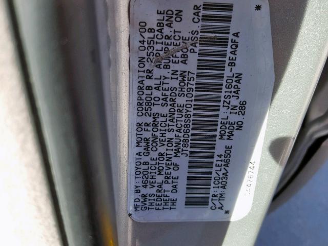 JT8BD68S8Y0109757 - 2000 LEXUS GS 300 SILVER photo 10