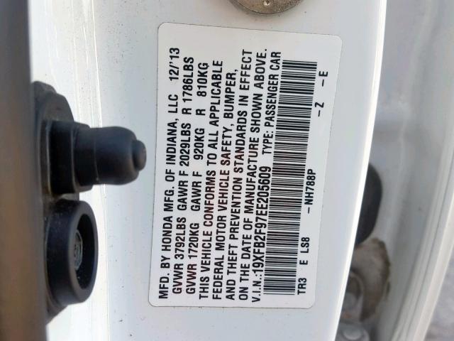 19XFB2F97EE205609 - 2014 HONDA CIVIC EXL WHITE photo 10