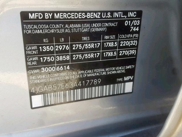 4JGAB57E63A417789 - 2003 MERCEDES-BENZ ML 350 SILVER photo 10