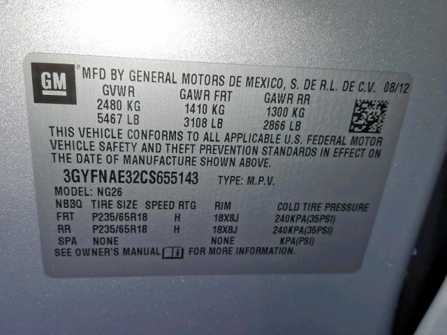 3GYFNAE32CS655143 - 2012 CADILLAC SRX LUXURY SILVER photo 10