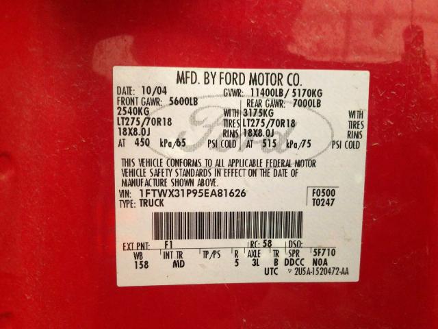 1FTWX31P95EA81626 - 2005 FORD F350 SRW SUPER DUTY  photo 10