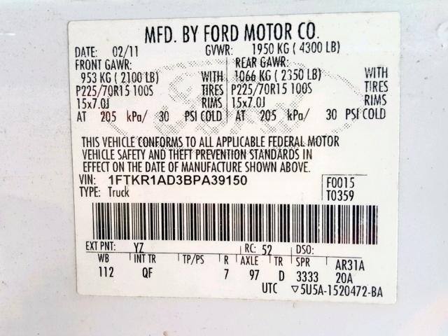 1FTKR1AD3BPA39150 - 2011 FORD RANGER WHITE photo 10