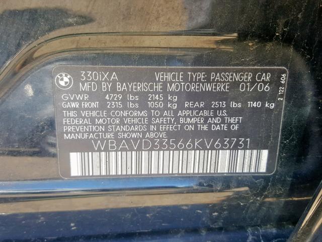 WBAVD33566KV63731 - 2006 BMW 330 XI BLACK photo 10