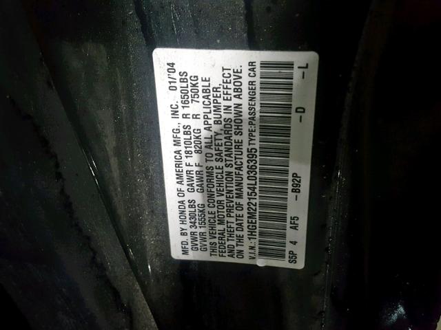 1HGEM22154L036395 - 2004 HONDA CIVIC DX V BLACK photo 10