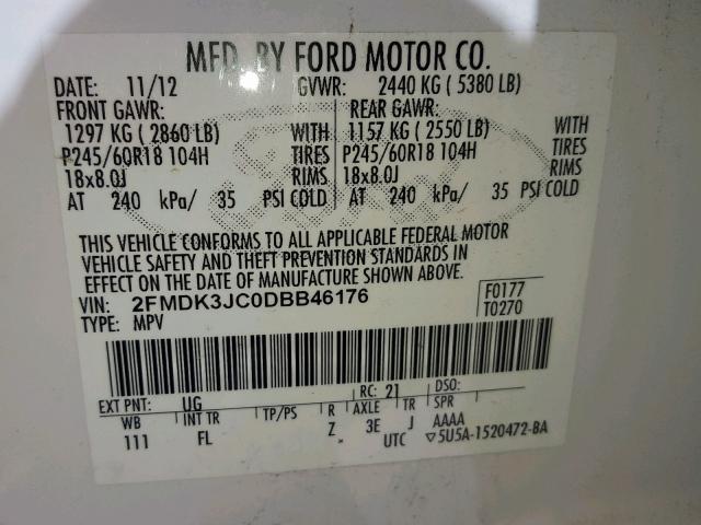 2FMDK3JC0DBB46176 - 2013 FORD EDGE SEL WHITE photo 10