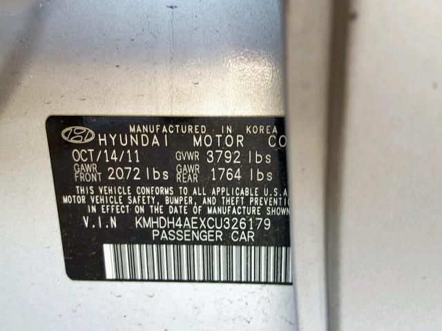 KMHDH4AEXCU326179 - 2012 HYUNDAI ELANTRA GL SILVER photo 10