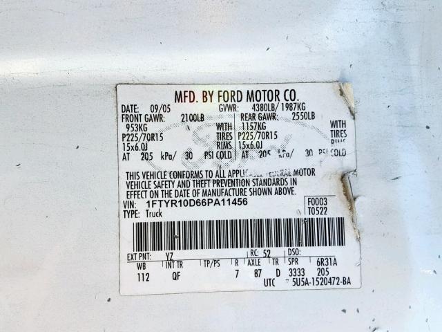 1FTYR10D66PA11456 - 2006 FORD RANGER WHITE photo 10