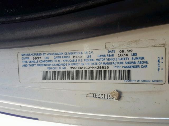 3VWDD21C2YM428815 - 2000 VOLKSWAGEN NEW BEETLE თეთრი ფოტო 10