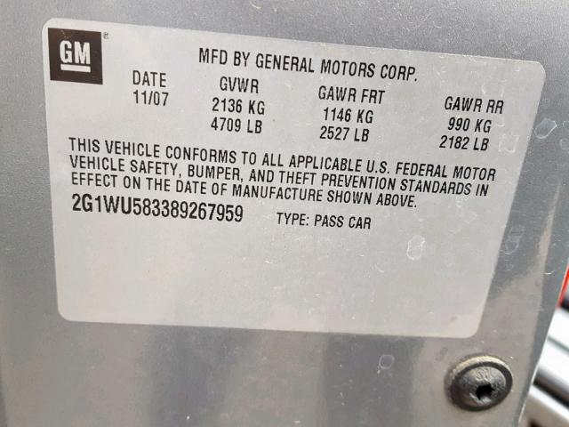 2G1WU583389267959 - 2008 CHEVROLET IMPALA LTZ GRAY photo 10