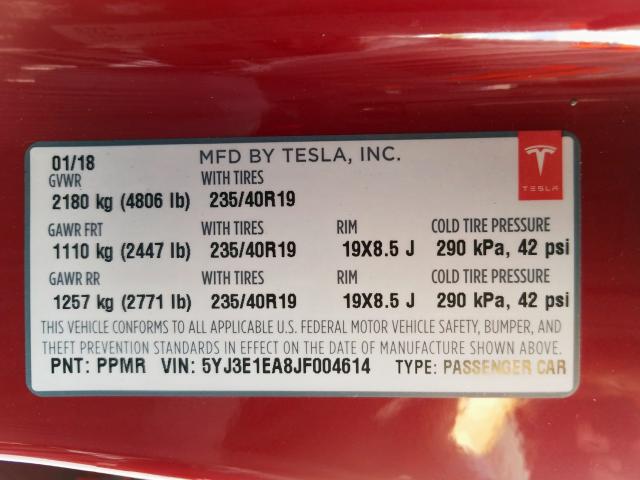 5YJ3E1EA8JF004614 - 2018 TESLA MODEL 3  photo 10