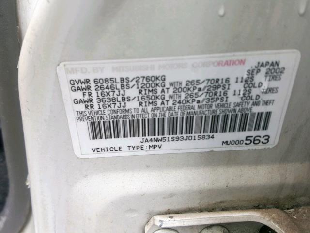 JA4NW51S93J015834 - 2003 MITSUBISHI MONTERO LI WHITE photo 10