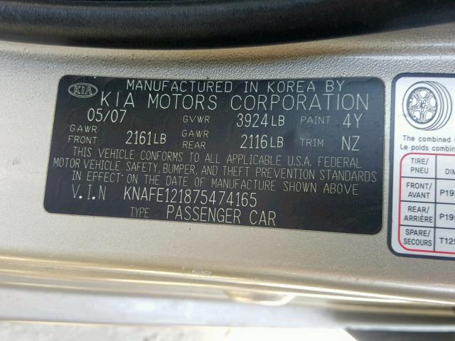 KNAFE121875474165 - 2007 KIA SPECTRA EX TAN photo 10