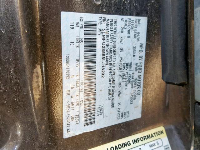 5LMFU28568LJ18292 - 2008 LINCOLN NAVIGATOR Marron photo 10