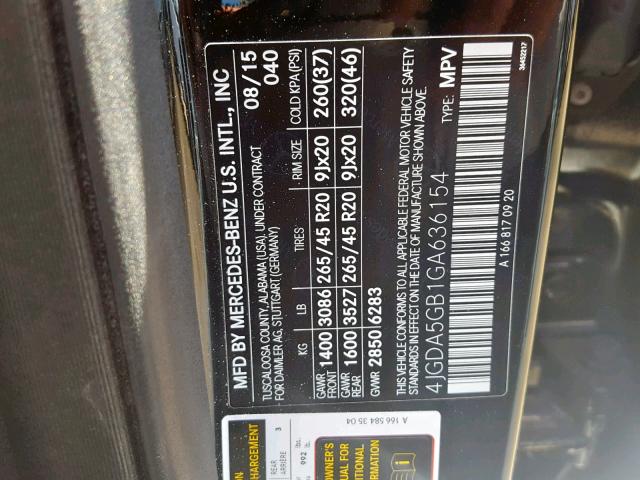 4JGDA5GB1GA636154 - 2016 MERCEDES-BENZ GLE 400 4M BLACK photo 10