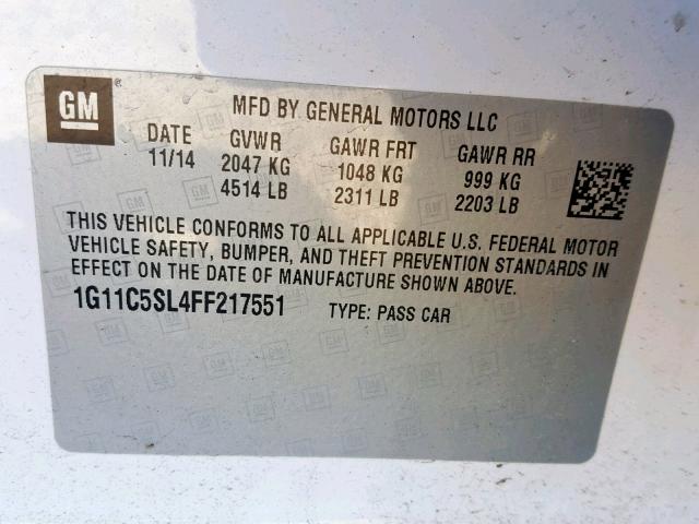 1G11C5SL4FF217551 - 2015 CHEVROLET MALIBU 1LT 白色 照片 10