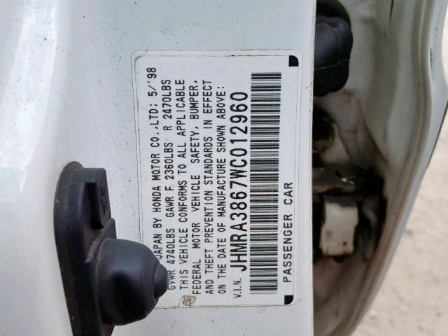 JHMRA3867WC012960 - 1998 HONDA ODYSSEY LX WHITE photo 10