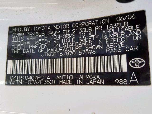 JTKDE167870157596 - 2007 TOYOTA SCION TC WHITE photo 10