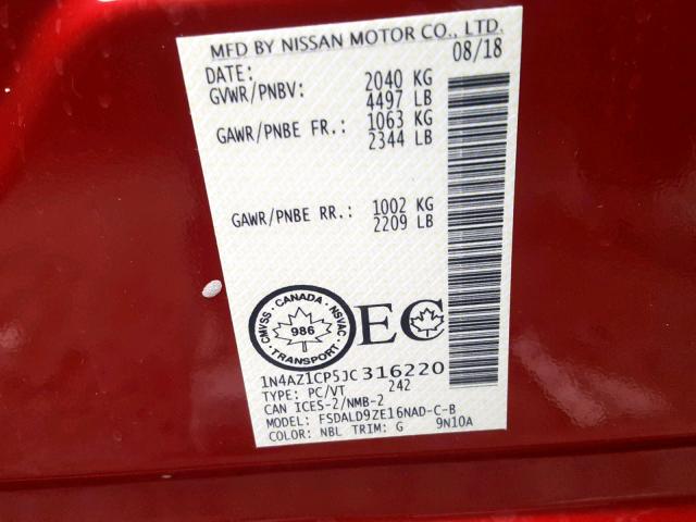 1N4AZ1CP5JC316220 - 2018 NISSAN LEAF S RED photo 10