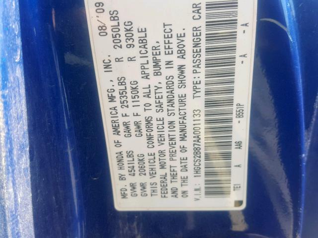 1HGCS2B87AA001133 - 2010 HONDA ACCORD EXL BLUE photo 10