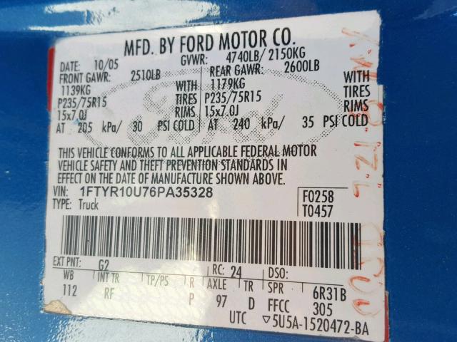 1FTYR10U76PA35328 - 2006 FORD RANGER BLUE photo 10