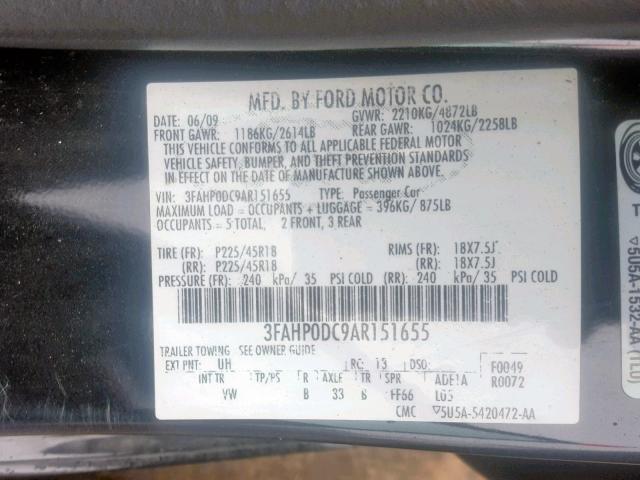 3FAHP0DC9AR151655 - 2010 FORD FUSION SPO BLACK photo 10