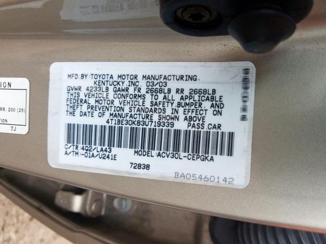 4T1BE30K83U719339 - 2003 TOYOTA CAMRY LE  photo 10