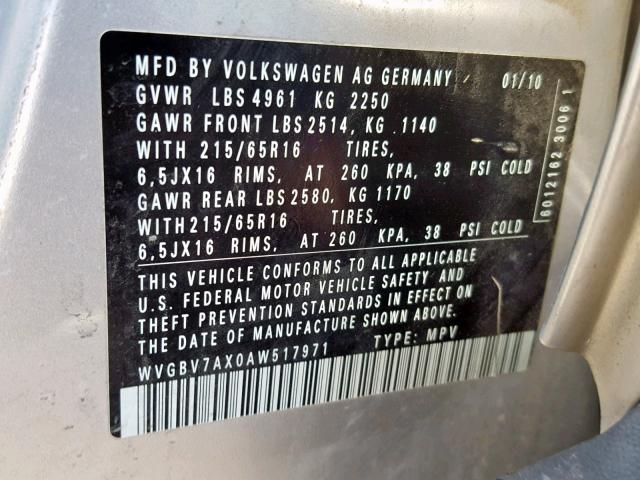 WVGBV7AX0AW517971 - 2010 VOLKSWAGEN TIGUAN SE SILVER photo 10