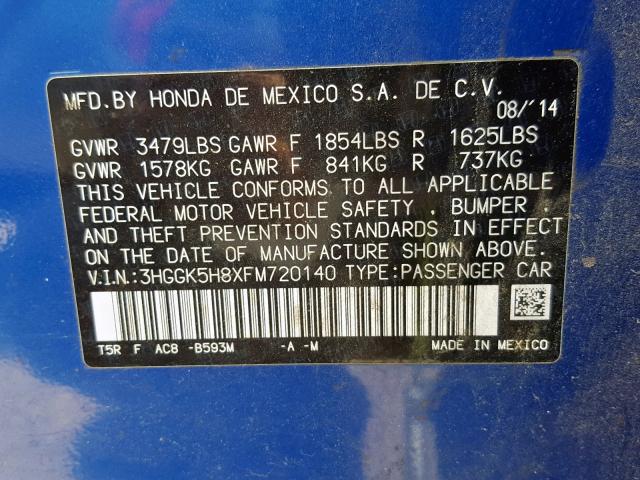 3HGGK5H8XFM720140 - 2015 HONDA FIT EX BLUE photo 10