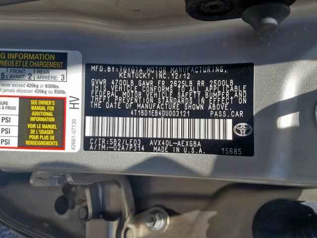 4T1BD1EB4DU003121 - 2013 TOYOTA AVALON HYB GOLD photo 10