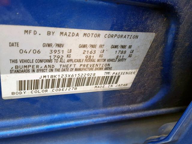 JM1BK123X61522928 - 2006 MAZDA 3 S BLUE photo 10