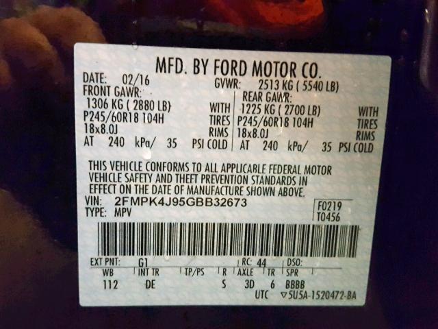 2FMPK4J95GBB32673 - 2016 FORD EDGE SEL BLACK photo 10